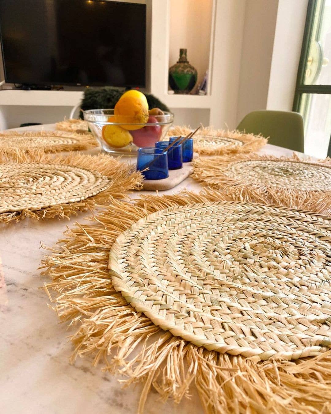 Handwoven Wicker Moroccan Placemats with Tassels – Boho Table Decor
