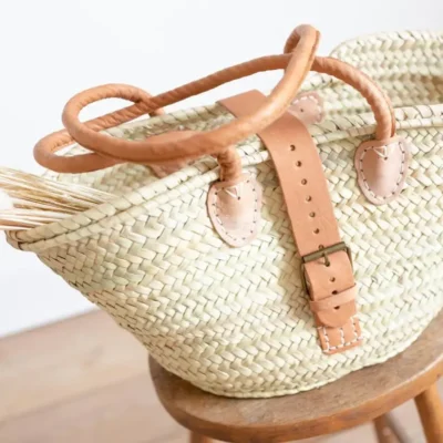 French Style Basket Tote Bag with Buckle – Handwoven Palm Leaf & Leather Handles
