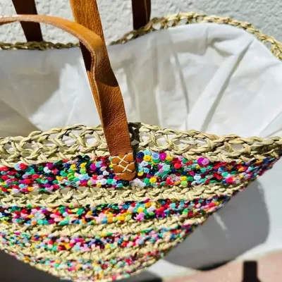 Sequin Basket – Handwoven Doum Palm Fiber Tote with Leather Handles & Drawstring Closure