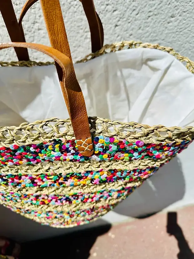 Sequin Basket – Handwoven Doum Palm Fiber Tote with Leather Handles & Drawstring Closure