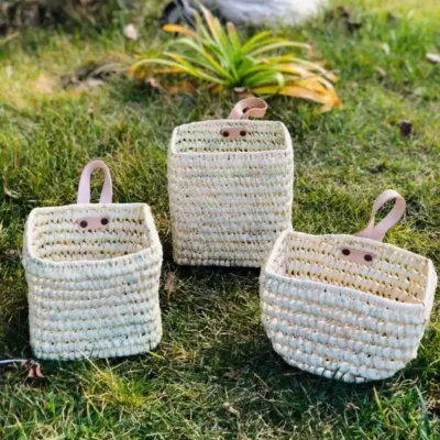 Duo of Woven Palm Fiber Baskets | Handmade Moroccan Wall Storage