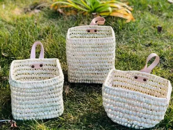 Duo of Woven Palm Fiber Baskets | Handmade Moroccan Wall Storage