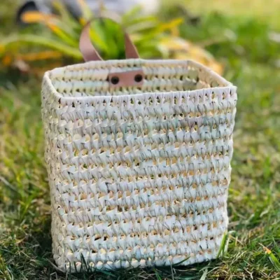 Duo of Woven Palm Fiber Baskets | Handmade Moroccan Wall Storage