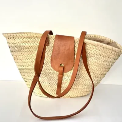 Palm Leaf Basket – Handwoven Moroccan Tote with Leather Accents