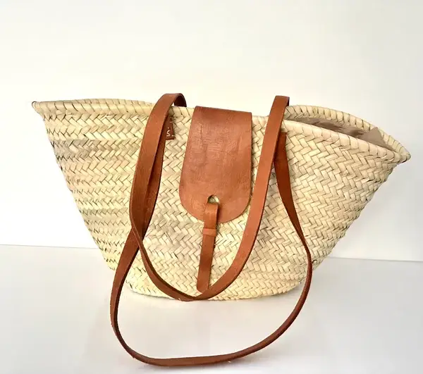 Palm Leaf Basket – Handwoven Moroccan Tote with Leather Accents