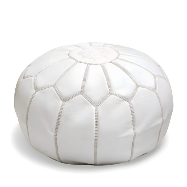 White Moroccan Leather Pouf – Handcrafted Round Ottoman (21″ × 12″)