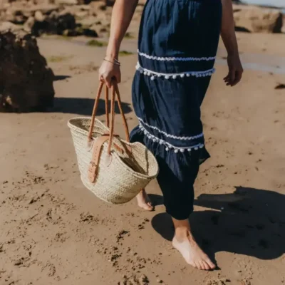 French Style Basket Tote Bag with Buckle – Handwoven Palm Leaf & Leather Handles