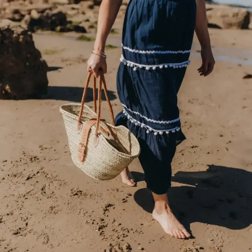 French Style Basket Tote Bag with Buckle – Handwoven Palm Leaf & Leather Handles