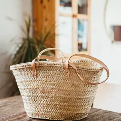 French Market Basket – Handwoven Palm Fiber Tote with Double Leather & Palm Straps