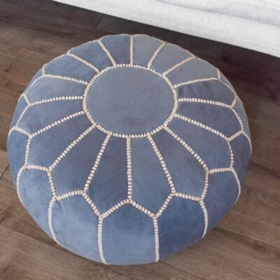 denim-blue-pouf-1.jpg Velvet Pouffe – Denim Blue | 55x35 cm Handcrafted Round Ottoman