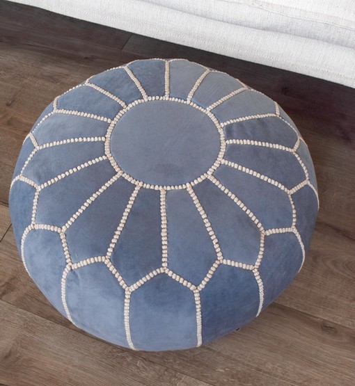 denim-blue-pouf-1.jpg Velvet Pouffe – Denim Blue | 55x35 cm Handcrafted Round Ottoman