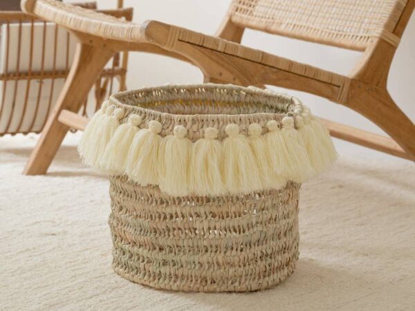 Handwoven Round Basket with Tassel Pompoms – Moroccan Storage & Decor