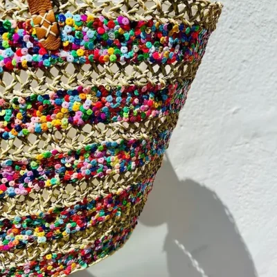 Sequin Basket – Handwoven Doum Palm Fiber Tote with Leather Handles & Drawstring Closure