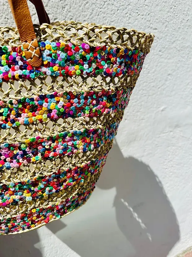 Sequin Basket – Handwoven Doum Palm Fiber Tote with Leather Handles & Drawstring Closure