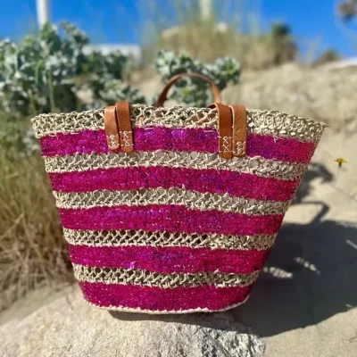 Sequin Basket – Handwoven Doum Palm Fiber Tote with Leather Handles & Drawstring Closure