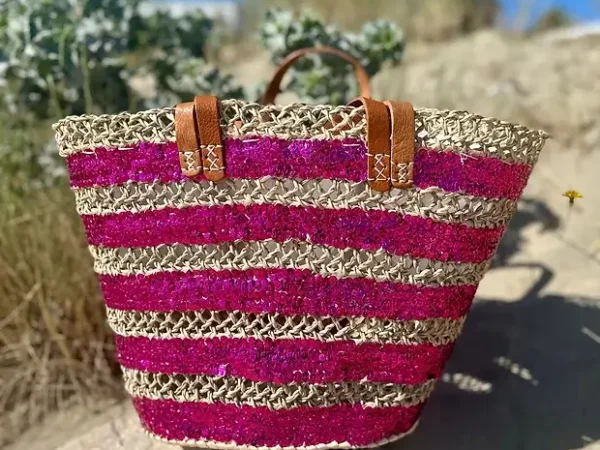 Sequin Basket – Handwoven Doum Palm Fiber Tote with Leather Handles & Drawstring Closure