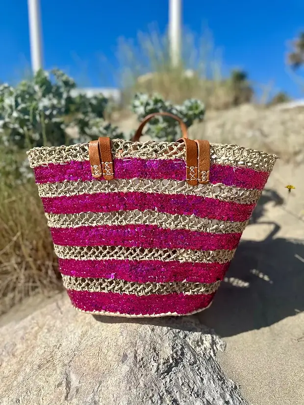 Sequin Basket – Handwoven Doum Palm Fiber Tote with Leather Handles & Drawstring Closure
