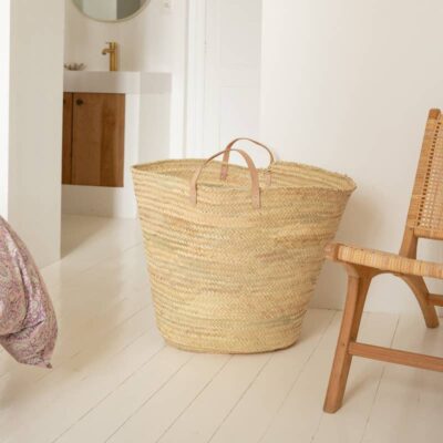 XL Handwoven Palm Leaf Basket with Leather Handles – Moroccan Storage & Decor