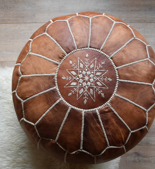 moroccan-leather-pouf-cognac-brown.jpg Handcrafted Leather Pouffe – Cognac Brown Moroccan Ottoman