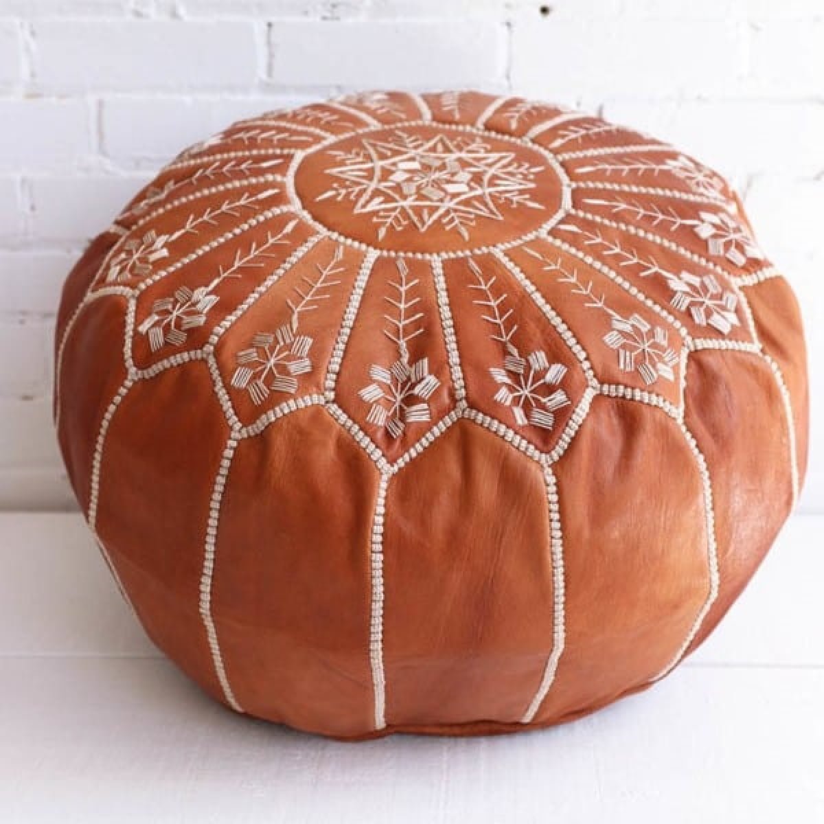Handcrafted Tan Leather Pouf – Moroccan Ottoman with Snowflake Embroidery (21″ × 12″)