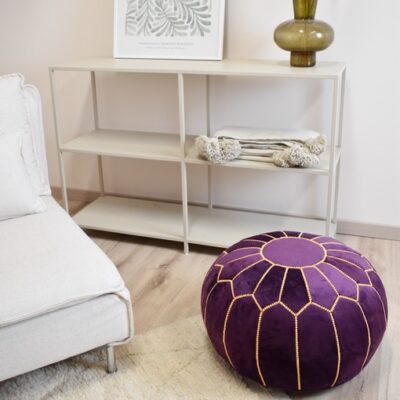 Velvet Pouffe – Blue and White | 55x35 cm Handcrafted Round Ottoman