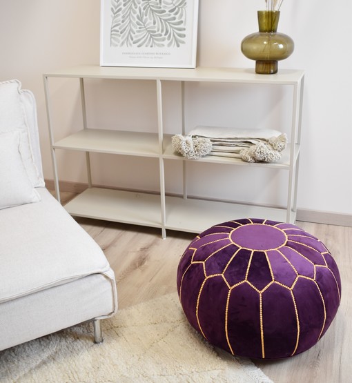 Velvet Pouffe – Blue and White | 55x35 cm Handcrafted Round Ottoman