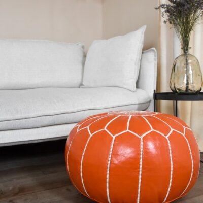 orange-moroccan-leather-pouf-.jpg Leather Pouffe – Orange and White | 55x35 cm Handcrafted Round Ottoman