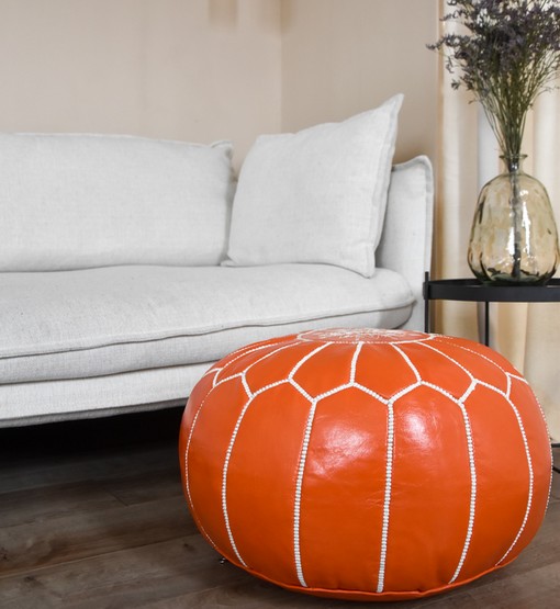 orange-moroccan-leather-pouf-.jpg Leather Pouffe – Orange and White | 55x35 cm Handcrafted Round Ottoman