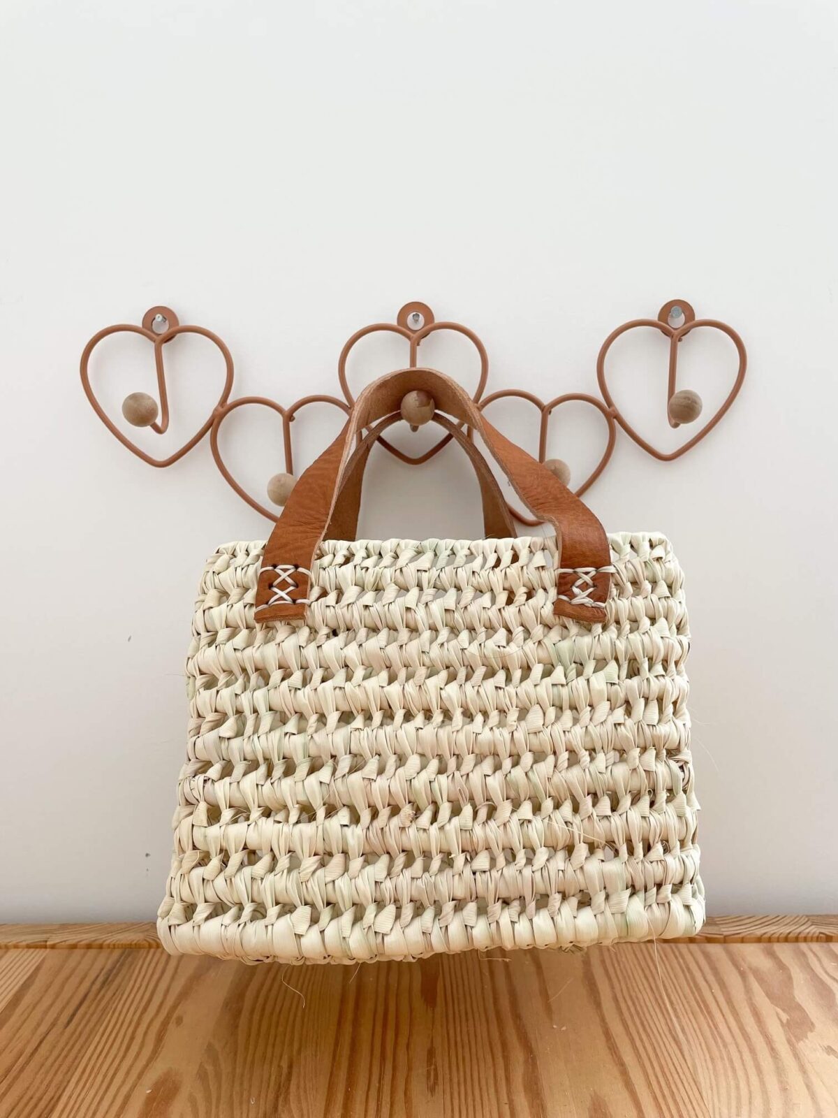 Small Handwoven Palm Leaf Basket with Leather Handles | 19x15x10 cm | Rectangular Storage Basket