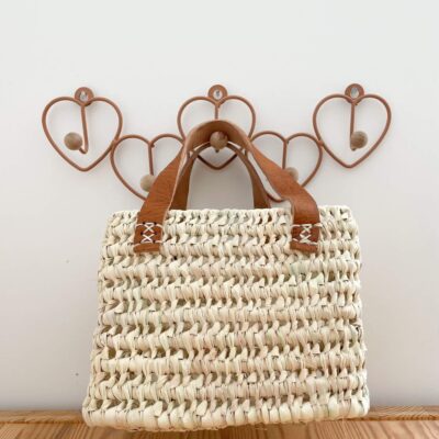 Small Handwoven Palm Leaf Basket with Leather Handles | 19x15x10 cm | Rectangular Storage Basket