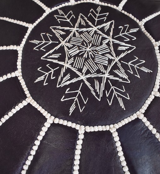 Velvet Pouffe – Blue and White | 55x35 cm Handcrafted Round Ottoman