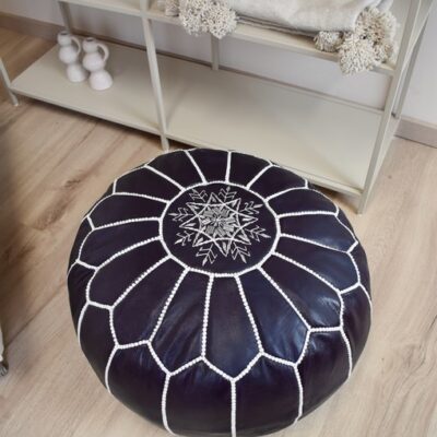 Velvet Pouffe – Blue and White | 55x35 cm Handcrafted Round Ottoman