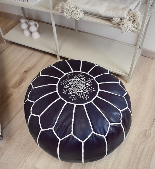 Velvet Pouffe – Blue and White | 55x35 cm Handcrafted Round Ottoman