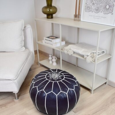 Velvet Pouffe – Blue and White | 55x35 cm Handcrafted Round Ottoman