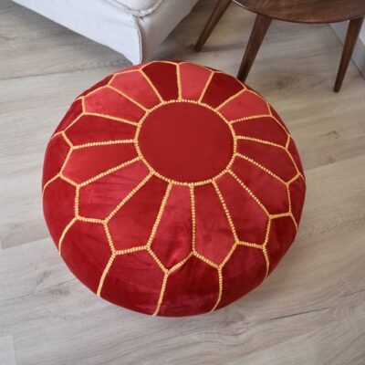 Velvet Pouffe – Red and Yellow | 50x35 cm Handcrafted Round Ottoman