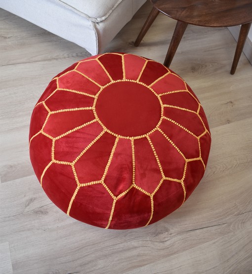 Velvet Pouffe – Red and Yellow | 50x35 cm Handcrafted Round Ottoman