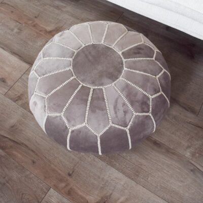 Velvet Pouffe – Grey and White | 55x35 cm Handcrafted Round Ottoman
