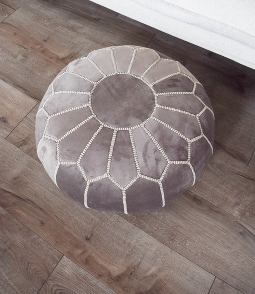 Velvet Pouffe – Grey and White | 55x35 cm Handcrafted Round Ottoman