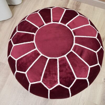 velvet-pouf-bordeaux-and-white.jpg Velvet Pouffe – Full Warm Red | 55x35 cm Handcrafted Round Ottoman