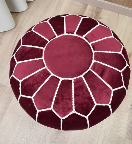 velvet-pouf-bordeaux-and-white.jpg Velvet Pouffe – Full Warm Red | 55x35 cm Handcrafted Round Ottoman