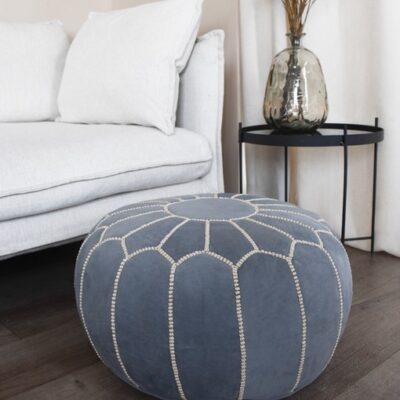 velvet-pouf-denim-blue.jpg Velvet Pouffe – Denim Blue | 55x35 cm Handcrafted Round Ottoman