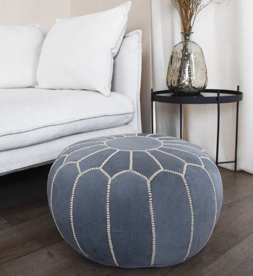 velvet-pouf-denim-blue.jpg Velvet Pouffe – Denim Blue | 55x35 cm Handcrafted Round Ottoman