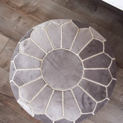 Velvet Pouffe – Grey and White | 55x35 cm Handcrafted Round Ottoman