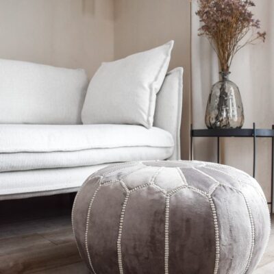 Velvet Pouffe – Grey and White | 55x35 cm Handcrafted Round Ottoman