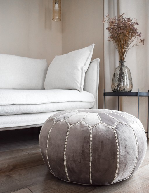 Velvet Pouffe – Grey and White | 55x35 cm Handcrafted Round Ottoman