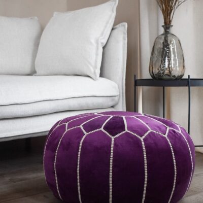 Velvet Pouffe – Blue and White | 55x35 cm Handcrafted Round Ottoman