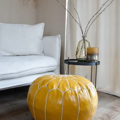 yellow-leaTHER-POUF.jpg Leather Pouffe – Yellow | 50x30 cm Handcrafted Round Ottoman