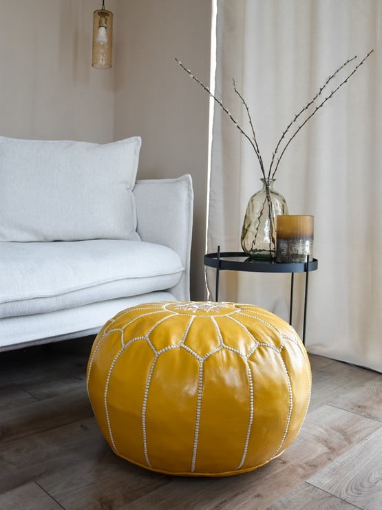 yellow-leaTHER-POUF.jpg Leather Pouffe – Yellow | 50x30 cm Handcrafted Round Ottoman