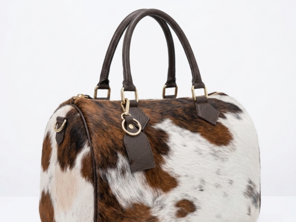 Handmade cowhide leather barrel bag in brown and white hair-on-hide, with dark leather handles and gold hardware, western style Boston satchel