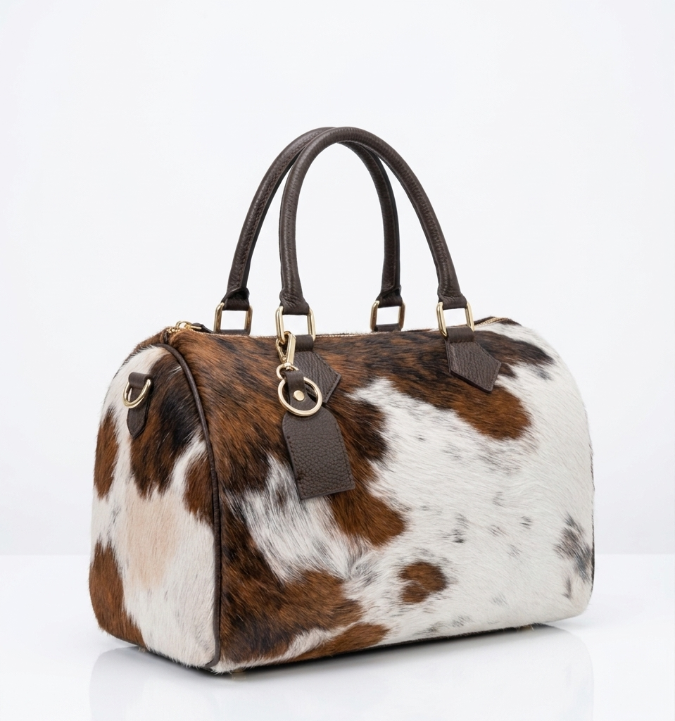 Handmade cowhide leather barrel bag in brown and white hair-on-hide, with dark leather handles and gold hardware, western style Boston satchel